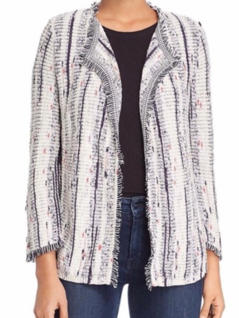Nic + Zoe, Blue And Multi Color Fringe Trim, Woven Open Cardigan. Sz 1X